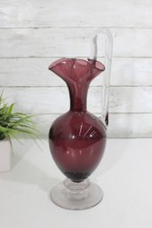 Vintage 13.75' Amethyst Art Glass Pitcher Clear Applied Handle Elegant Hand Blown
