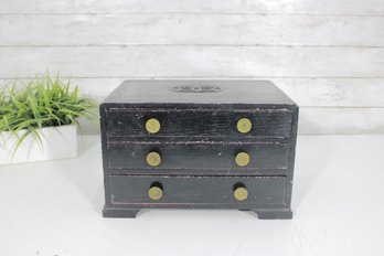 Vintage Hong Horizons Asian Style Jewelry Chest  Black Lacquer 3 Drawer Box  8' X 12.5' X 9'