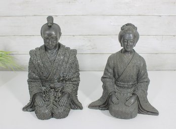 Pair Of Asian Figurative Sculptures  Seated Noble Figures W/ Intricate Detail  10.5' Each