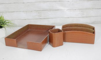 Vintage Faux Crocodile Leather Desk Set  Organizer, Tray & Pen Holder  3 Piece Set