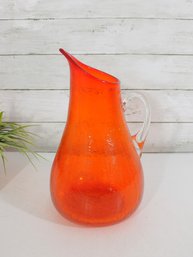 12' Vintage Hand Blown Orange Art Glass Pitcher Applied Handle Crackle Texture