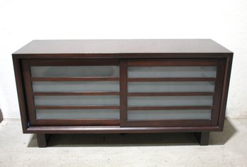 Contemporary Dark Wood Media Console With Frosted Glass Sliding Doors