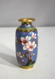 Vintage 5 Chinese Cloisonn Enamel Vase  Blue With Cherry Blossoms & Gold Accents