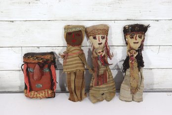 Vintage Handmade Folk Art Fabric Dolls & Textile Pouch  Primitive Style Lot