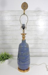 Tall Blue Ceramic Table Lamp W/ Brass Accents & Shell Finial  36' Coastal Style