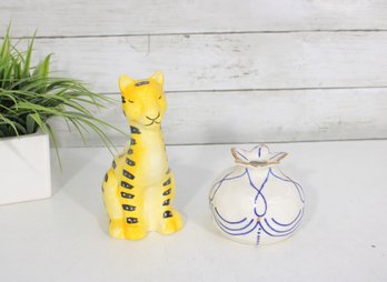 Vintage Ceramic Yellow Cat Planter & Small Blue White Bud Vase  7' & 3.5'