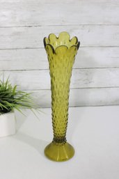 13' Vintage Avocado Green Hobnail Swung Glass Vase Stretch Art Glass Mid Century