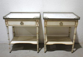 Pair Of Vintage French Marble-Top Side Tables With Brass Gallery And Faux Bamboo Legs