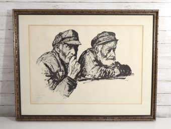 Signed & Numbered Figurative Lithograph Two Fishermen Portrait 56/150  Framed 29' X 37.5'