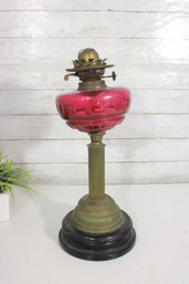 Antique Cranberry Glass Oil Lamp W/ Ornate Brass Burner & Column Base  18' Tall