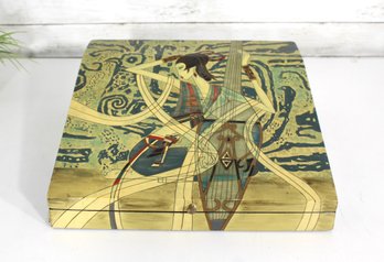 Asian-Inspired Decorative Wooden Box  Musician Motif, Hand-Painted Art Design, 5.5'H X 15'W X 15'D