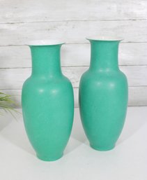 Pair Of Saks Fifth Avenue Porcelain Vases  Mint Green Matte Finish  Hong Kong  12.5'