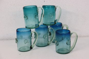 Group Of Six Bi-Colored Rustic And Thick Blown Glass Beer Mugs