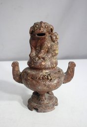 Antique 9 Hand-Carved Chinese Foo Dog Censer  Ornate Stone Incense Burner