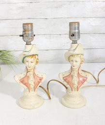 Pair Johnson Lazare Victorian Gentleman Bust Table Lamps  10.5  Figural Boudoir Lamps  1 Needs Rewiring