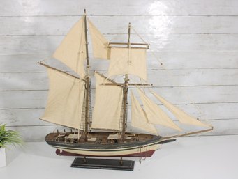 Large Decorative Wooden Sailing Ship Model  Detailed Tall Ship W/ Cloth Sails  24'H X 26'W
