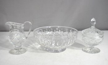 Vintage Cut Glass Crystal Serving Set  Pitcher, Bowl & Lidded Candy Dish