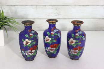 Set Of 3 Vintage Blue Cloisonne Enamel Vases  Floral Motif  Approx. 6' High
