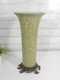 Elegant Green Porcelain Vase W/ Gold Gilt Detail & Ornate Metal Base  17.5'