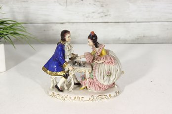 Vintage Porcelain Courting Couple Figurine At Table  Hand-Painted, Marked, 6.5 H