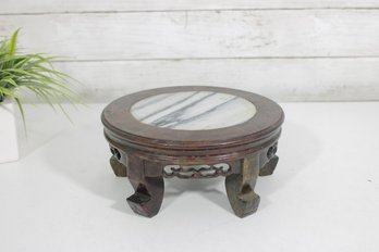 Vintage Asian Carved Wood Display Stand W/ Marble Insert  Round Pedestal  8'