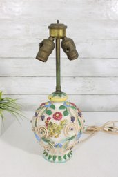 Italian Majolica Pottery Table Lamp  Hand Painted Floral & Bird Motif  16.5  Needs Rewiring