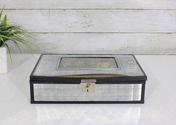 Vintage Jewelry / Keepsake Box W Glass Lid & Lock  Decorative Photo Top  2.5' H X 10.5' W X 7' D