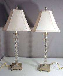 Pair Of Elegant Crystal Ball Table Lamps With Beige Shades
