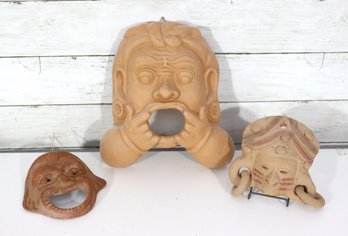 Lot Of 3 Hand-Formed Terracotta Face Masks / Wall Hangings  Folk Art, Largest 10' H
