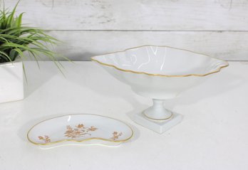 Limoges France Porcelain Pedestal Bowl & Dish Set  Gold Floral Motif  Footed Compote 6.5' & Serving Dish 4.5