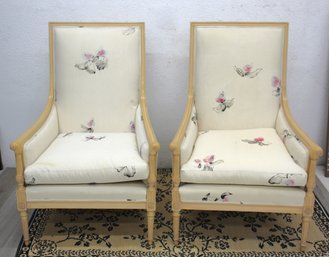 Pair Of High-Back Floral Upholstered Armchairs With Carved Wood Frames