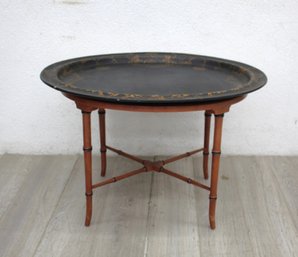 Vintage Black And Gold Painted Tray Table With Wooden Base