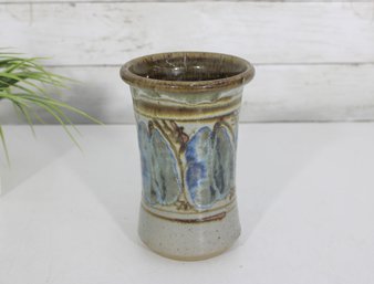 Vintage Studio Pottery Vase  Handcrafted Art Pottery W Blue & Earth Tone Glaze  Signed Base  6.5' H