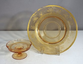 Vintage Amber Glass Serving Set  11 Gold Etched Plate & 5.5 Pedestal Dish (Small Chip)