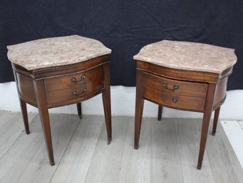 Pair Of Vintage Marble-Top Stands With Drawer