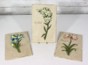 Set Of 3 Embossed Botanical Wall Plaques  Floral Relief Panels, 10.5 X 6.5