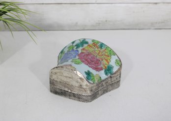 Vintage Chinese Export Porcelain & Silverplate Trinket Box  Floral Enamel Lid  Decorative Keepsake Box 4'