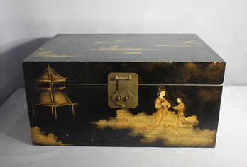 Antique Asian Lacquered Box With Painted Figures And Pagoda