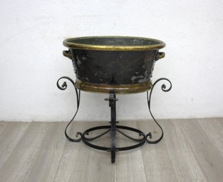 Vintage 30'h X 26' X 19' Large Metal Bucket With Ornate Iron Stand