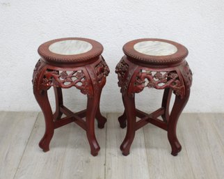 Pair Of Chinese Carved And Pierced Marble-Top Jardiniere Stands