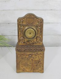 Antique Cast Metal Mantel Clock W Figural Relief  Ornate Brass Tone Case  Mechanical Movement  11' H X 5' W