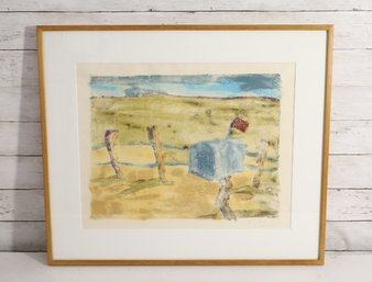 Framed Contemporary Pastoral Landscape Artwork With Fence  22.5' X 26.5' -2/2