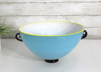 Vintage Art Glass Fruit Bowl  6.5'H X 11.5' Round  Blue With Black Handles & Yellow Rim  Mid-Century