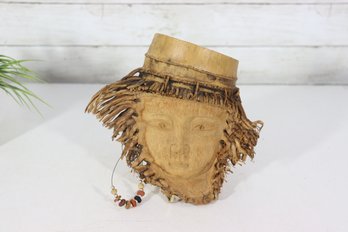 Hand-Carved Folk Art Face Mask With Natural Fiber Hair & Beaded Earring  7.5 'H