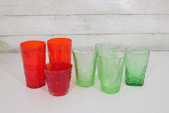 Mixed Vintage Textured Glassware Lot  Red & Green Tumblers / Drinking Glasses