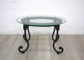 Vintage Glass-Top Side Table With Ornate Iron Scroll Base