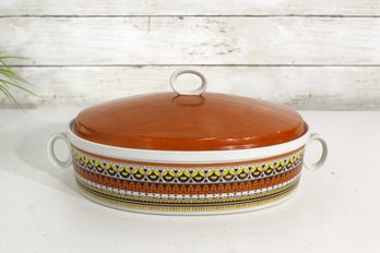 Vintage Arabia Finland Lidded Casserole Dish  11' X 8.5'  Brown & Mustard Geometric Design  Mid-Century Mod