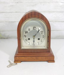 Vintage Arch Top Mantel Clock  Key Wind Mechanical  Wood Case W/ Glass Door  12'