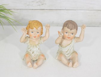 Pair Of Vintage Bisque Piano Babies  Boy & Girl Figurines  4.5' H  Classic Nursery Decor
