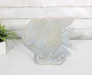 Vintage Signed Art Pottery Fish Vase / Planter  Iridescent Glaze  9.5'